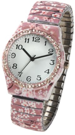 Coopers of Stortford - Floral Stretch Strap Quartz Watch with Rhinestone Dial - Elasticated Metal Bracelet Ladies Wrist Watch - 3.5cm Case