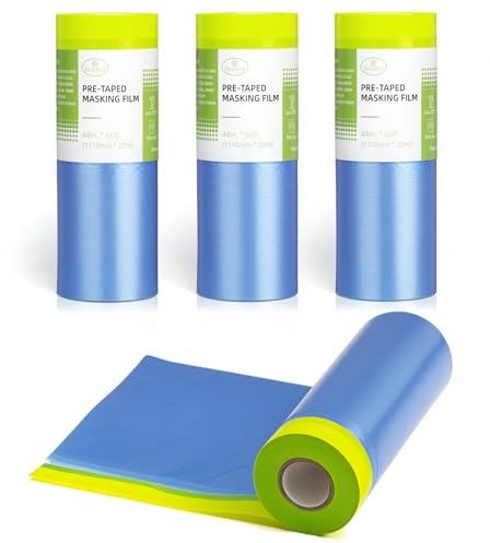 Pre-Taped Masking Film for Painting - 44 x 66' Painters Plastic Sheeting with Automotive Paint Tape and Drape for Covering Cars, Walls, Windows and Furniture Protection (4 Rolls)