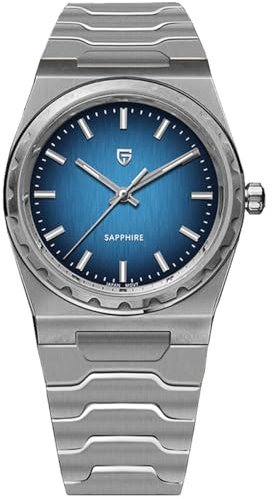 Pagani Design Herrenuhr Saphir Edelstahl Quarzuhr 100M wasserdicht 7MM ultradünne Herren-Kleideruhren (Silberblau)
