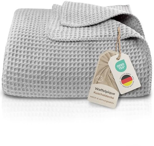 LAYNENBURG Premium Waffelpique Baumwolldecke 220x240 cm - Oeko-TEX 100 - Baumwollmix Kuscheldecke - Decke als Wohndecke, Sofa-Decke & Couchdecke - Wolldecke kuschelig-warm aus Baumwolle (grau)