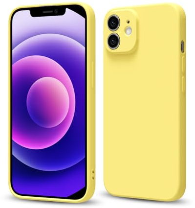 Svaove for iPhone 12 Mini Phone Case Liquid Silicone, Thin Ultra Slim Minimalist Phone Cover, Girly Cute Plain Bright Solid Color Matte Soft Rubber Jelly Gel Plastic TPU Bumper, Yellow