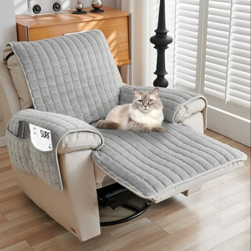 LEKEFETO Sesselschoner für Relaxsessel 1-Sitzer, Anti-Rutsch Sesselüberzug mit Armlehne und Taschen, Fernsehsessel Sesselauflage 53x190cm in Hellgrau, Schützende Sesselhusse für Sofa & Haustiere