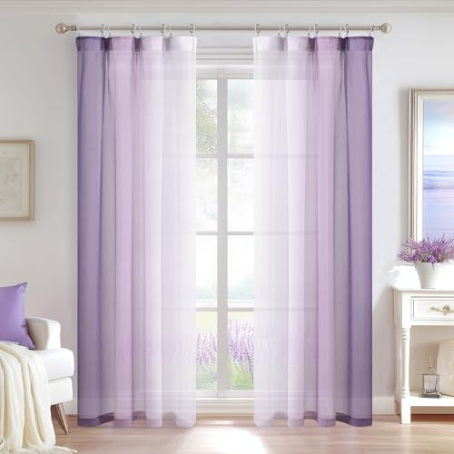 DWCN Lila Weiß Farbverlauf Voile Gardinen mit Kräuselband H225 x B140 cm | 2er Set, Kinderzimmer Vorhänge mit Schienensystem, Transparent Luftig Vorhang für Wohnzimmer Schlafzimmer Mädchen, Dekoschal