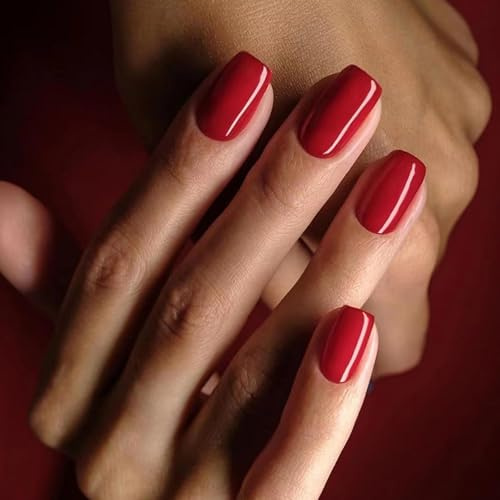 24Pcs Red Press on Nails Square, Solid Color French Tip Fake Nails, Reusable Full Cover Acrylic Nail Kit for Women Girls Nail Art Accessories, Glossy Stick on Nails for Women in 12 Sizes