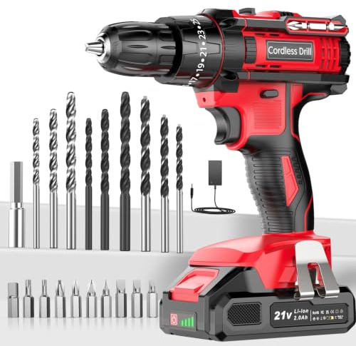 Cordless Drill Driver 21V, Cordless Hammer Drill with Battery 2000mAh, 25+3 Torque, 42N.m Max, 22PCS Accessories, 2 Speed, LED Light