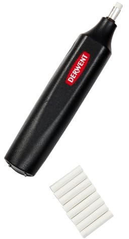 Derwent Stylo gomme à piles, comprend 8 gommes de rechange, convient aux crayons graphite, de couleur et pastel, qualité professionnelle, 2301931, noir