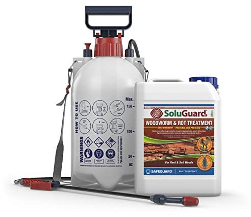 Soluguard Woodworm and Rot Treatment (1x5L Clear & Sprayer) Ready for Use & Pump Action Pressure Sprayer. Solvent-free Preservative Woodworm Killer. HSE approved