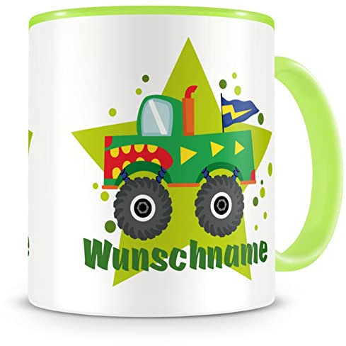 Samunshi® Kindertasse mit Namen Tasse Monstertruck Pickup Personalisierte Tasse mit Namen Kinder Kinderbecher personalisierter Text Namenstasse Kindergarten grün 300ml