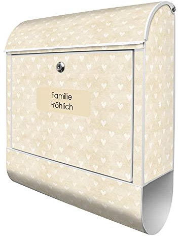 banjado Design Briefkasten personalisiert mit Beige Herzen 38,5x46,5x13cm & 2 Schlüssel - Briefkasten Stahl weiß mit Zeitungsfach pulverbeschichtet - Postkasten A4 Einwurf inkl. Montagematerial