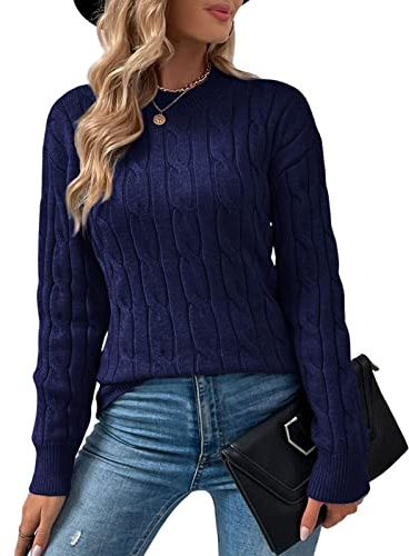 RITOSTA Pull Femme Hiver Chic Pullover Col Rond Pull Chaud Jacquard Sweater Vintage Pulls Tricot à Manches Longues Tops Casual Chandail Automne(Marine,L)