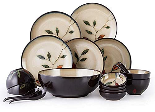 DREANNI Abendessenset, Schäbige Vintage Blattmuster Porzellan -Geschirr Set 18 Stück Teller Schalen Kombination