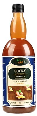 Sirop Sukra Premium 1L pour café et cocktails, saveur pain d'épices sans sucre, végétalien, sans gluten et sans gras.