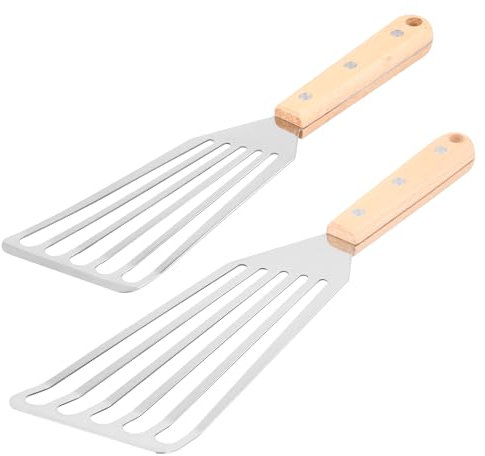 Volumoon 2 Pack Fish Spatula, Stainless Steel & Wooden Handle, Slotted, Beveled Edge, Multi-Purpose