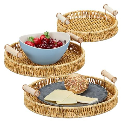 Relaxdays Serviertablett 3er Set, Esstablett mit Griffen, geflochtenes Tragetablett aus Seegras, hoher Rand, rund, Natur