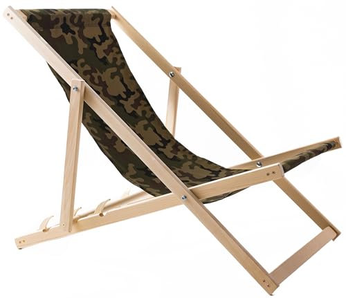 WOODOK Liegestuhl Klappbar Holz - Strandstuhl aus Buchenholz bis 120kg, ohne Armlehne - 3-Stufige Rückenlehnenverstellung (Camo)