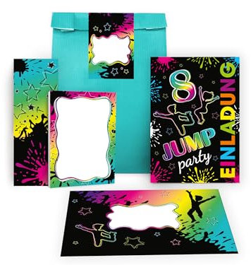 10 Einladungskarten zum 8. Kindergeburtstag Jump Trampolin Party Einladung Geburtstag Mädchen Kinder Jungs Jungen Boys Mitgebsel inkl. 10 Umschläge, 10 Tüten, 10 Aufkleber, 10 Lesezeichen, 10 Blöcke