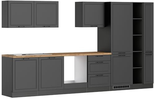 Lomadox Küche Einbauküche Küchenzeile 360 cm in grau, Arbeitsplatte in Eiche