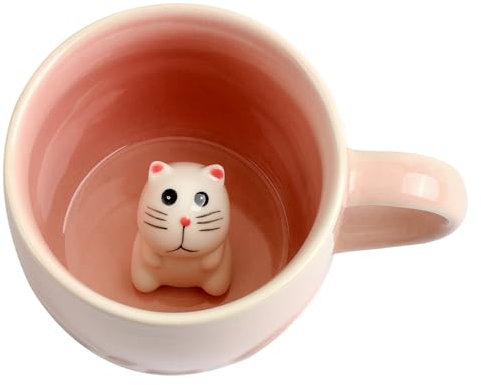 Ewaymado Cat Ceramic Mug Hidden 3D Animal Inside Cup,Handmade Animal Figurine Teacup,Christmas,Birthday,Mother's Day Gifts for Friends Family or Kids(Pink Cat)