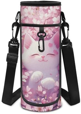 POLERO Cute Cat Water Bottle Holder for Girls Cherry Blossom Water Bottle Carrier with Shoulder Strap for Sports Gym School