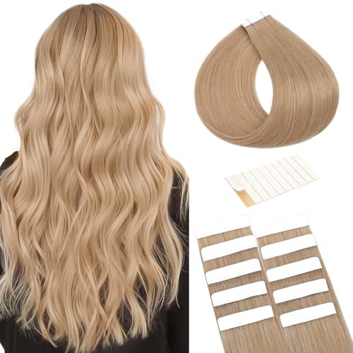 TESS Tape Extensions Echthaar Dunkelblond #27 Klebeband Haarteile Tape in Haarverlängerung Remy Human Hair Glatt 10 Stück 12(30cm)-20g