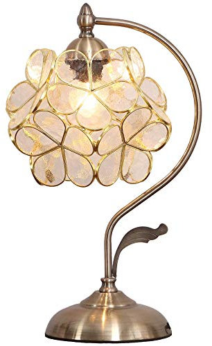Bieye L30734 Lámpara de mesa estilo vitral estilo flor de cerezo con pantalla de 21 cm de ancho Base de latón vintage, 42 cm de alto (Blanco claro)