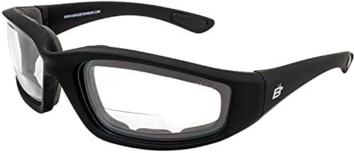Birdz Eyewear Oriole Padded Safety Bifocal Motorcycle Glasses Black Frame Clear Lenses 2.5 Magnification Carry Bag