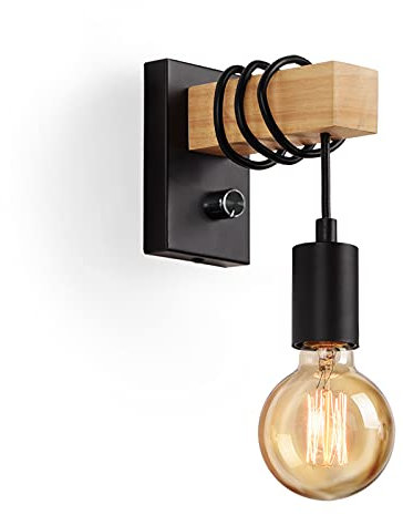Glighone Applique murale industrielle en bois à intensité variable avec interrupteur E27 Edison pour cuisine, chambre, salle à manger, salon, couloir
