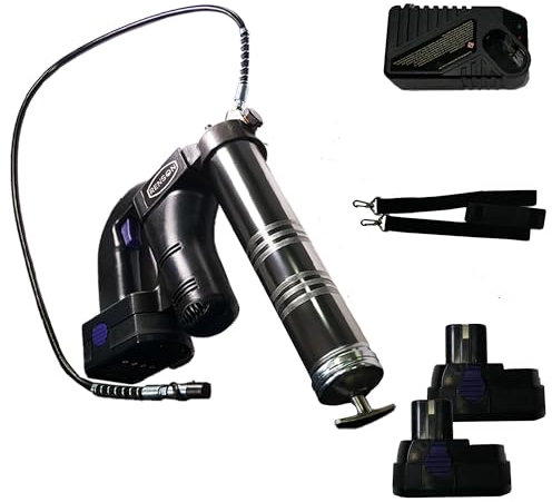 RENSON Pompe à Graisse électrique 18V sans Fil, kit Complet avec malette, 600 Bar, 2 Batteries Lithium-ION 2,0aH, Pompe graissage Ultra légère 3kg graissage intensif pour Atelier/TP/agricole