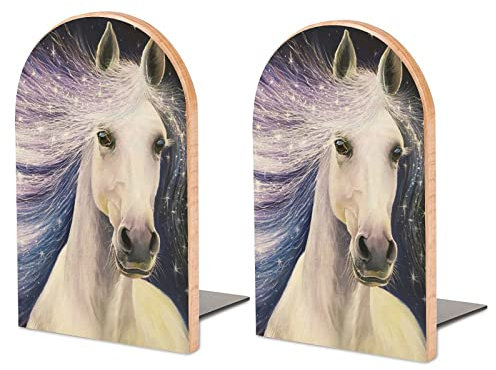 Portrait d'un Cheval Blanc avec étoiles Serre-Livres en Bois Paquet de 1 Paire de Serre-Livres de Table antidérapants Organisateur Serre-Livres Supports de Serre-Livres