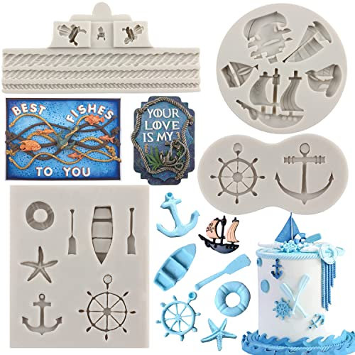 Sijiangmold Anker Ruder Fondant Formen Möwe Segelboot Haken Silikonform für Kuchen Dekorieren Cupcake Topper Schokolade Gummi Paste Süßigkeiten Polymer Clay Set von 4