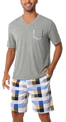 Uniexcosm Pigiama Estivo Uomo Cotone Corto Scollo a V Due Pezzi con Tasche Pat2 L