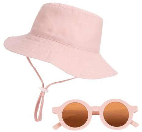 Newofview Baby Sonnenhut und Kinder Sonnenbrillen, Sommer Verstellbarer Sonnenhut Baby Kinder Hut Retro Rund Kinder Sonnenbrille für 6-48 Monate Unisex Kinder Jungen Mädchen