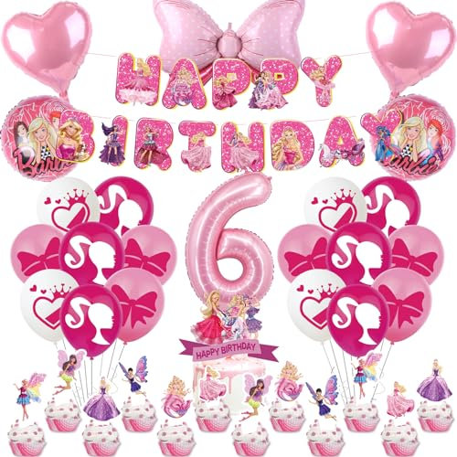 Prinzessin Deko Set für Mädchen 6 Jahre - 40 Stück Barbi Geburtstag Thema Mit Luftballon Rosa, Tortendeko, Happy Birthday Banner - Party Dekoration