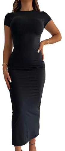 Hanaoops Summer Dresses for Women Sexy Maxi Dress Short Sleeve Bodycon Dresses Casual Long Dress Y2k Black