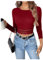 GORGLITTER Women's Lace Rib Knit Crop Tops Long Sleeve Lace Hem Crew Neck Skinny Cropped T Shirt Top Burgundy L
