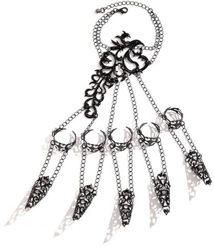 MAIGO Nail Rings - Goth Fingernail Rings, Finger Claws, Halloween False Nails, Ring Bracelet Hand Chain, Halloween Claws, Claws Cosplay Clothing Accessories, Unique Metal Nail Ring Jewellery (Black)