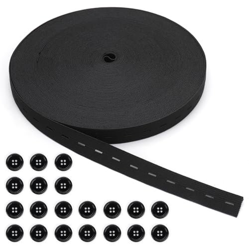 AIDUCHO 1 Rolle Elastisches Gummiband Nähen, 20mm x 30m Gummiband Breit, Gummiband Schwarz mit 20 Knöpfen, Gummiband mit Knopflöchern, Elastisches Band für Hosenrock Stirnband Nähen Stricken