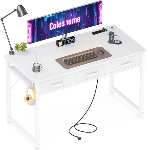 Coleshome Schreibtisch mit Schubladen, 120x48 cm Schreibtisch Weiß mit Kopfhörerhalter, Computertisch mit 2 Steckdosen und 2 USB-Ladeanschlüssen für das Heimbüro