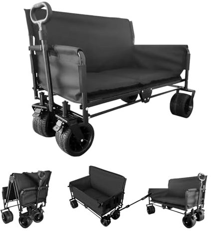 3 in 1 Bollerwagen Faltbarer, Strandwagen Handwagen Umbaubar Campingbank, Verstellbarem Griff Gartenwagen, Klappbarer All Terrain Transportwagen Allzweckwagen Campingstuhl Campingsofa Sitzer