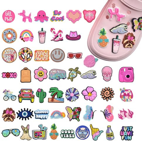 JAADU 50 Pièces Charmes de Chaussure, Décorations de Plage pour l'été Charmes de Chaussure, Charms Crocs Dessin Cartoon, Cadeau de Fête d'anniversaire