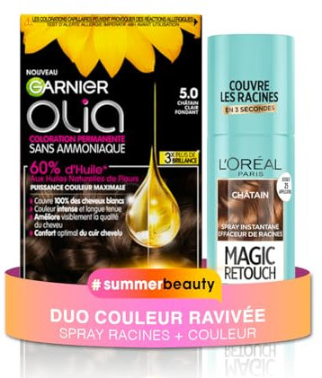 Duo Coloration d'Été – Garnier – L’Oréal Paris – Coloration Permanente Olia Châtain Clair (5.0) + Magic Retouch Châtain Racines – Résultat Naturel & Longue Tenue