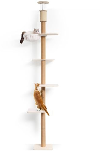 FUKUMARU Wall-Mounted Cat Tree, Adjustable Height (81-107 Inches) Floor to Ceiling Cats Tower with Scratching Post, Sturdy Cats Activity Center with Cozy Hammock