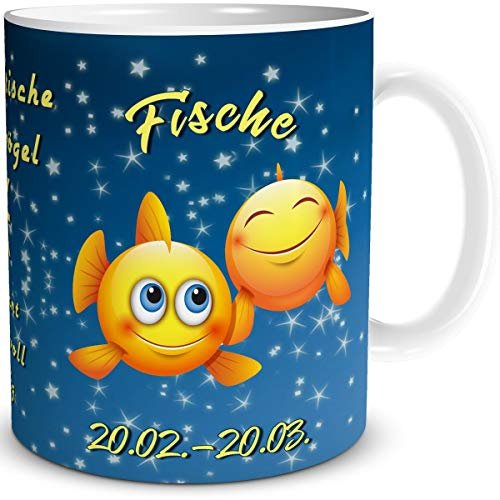 TRIOSK Tasse Smiley mit Spruch lustig Sternzeichen Fische Geburtstagstasse Geschenk für Frauen Männer Arbeit Büro Kollegen Geburtstag