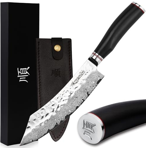 YOUSUNLONG Couteaux de boucher 20,3cm Couteaux de rupture - japonais en acier martelé damas - Manche en bois de plomb naturel avec gaine en cuir