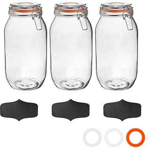 Argon Tableware Glass Jars with Airtight Metal Clip Lid & Chalkboard Stickers - 2000ml/70.3oz - 3 Pack - 4 Colour Seals - Preserving Storage Jar for Pickling, Chutney, Jam, Coffee, Biscuit