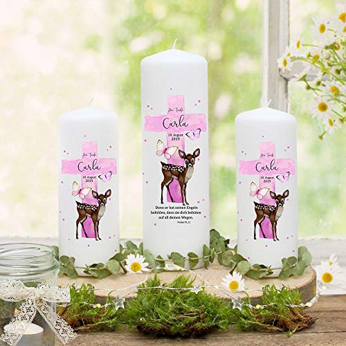 TaufkerzeKerze zur Taufe rosa Kreuz Reh Rehkitz Wunschname Spruch individualisierbar wk176 - ausgewählte Größe: *4. 1x Taufkerze + 2x Patenkerzen*