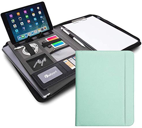Vebon® Konferenzmappe A4 London aus Veganem Leder mit Reißverschluss I Schreibmappe + Laptoptasche I 2in1 I Türkis I Smartphone Halterung + Klemmbrett