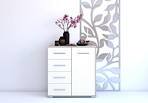 Fabryka Mebli Idźczak Schiebetürenschrank Frida 01 1D4S eleganter Kommode Schubladkasten Kommode mit Schubladen - Schlafzimmer Schiebetüren Schränkchen Stauraum Modern Design (Sonoma/Weiß)