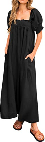 KIRUNDO Women Summer Maxi Dress Puff Sleeve Long Dresses(Black, S)