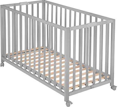 roba Lit Bébé Pliant en Hêtre Fold Up 60 x 120 cm - avec roulettes à Freins - Hauteur Réglable 2 Fois - Taupe